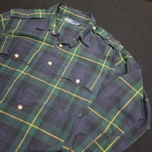 Polo Ralph Lauren Mens XL Plaid Flannel Shirt Blue Green Yellow Epaulets Cotton